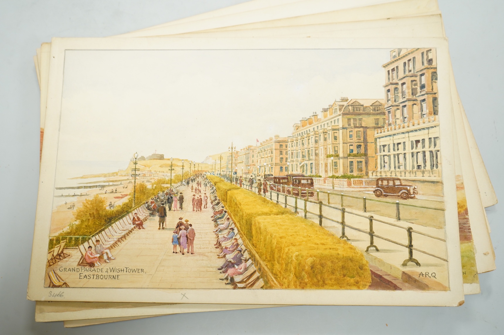 Alfred Robert Quinton (1853-1934), Set of six original watercolours for postcard designs, Sussex coastal towns, to include Warrior Square Gardens, St. Leonards, The Cuckmere Valley, Seaford, Grand Parade and Wish Tower,